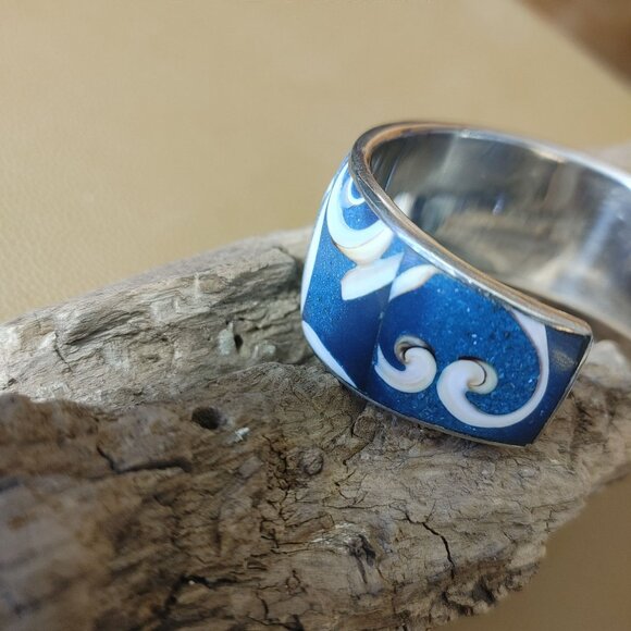 Conch Shell Inlay Swirl Textured Cuff Bracelet Blue Pink White Natural Stone - Picture 12 of 14